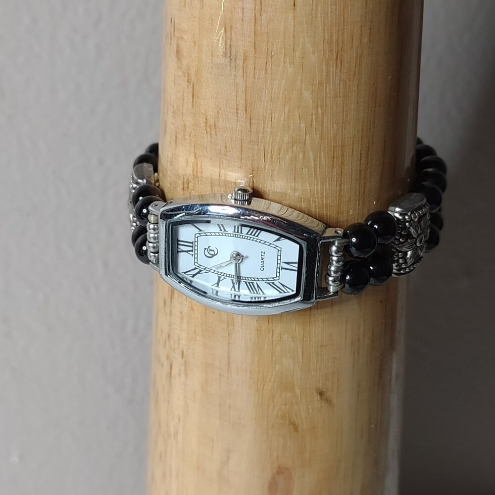 GC Silver Tone And Black Beaded 6.5 Inch Stretch Watch